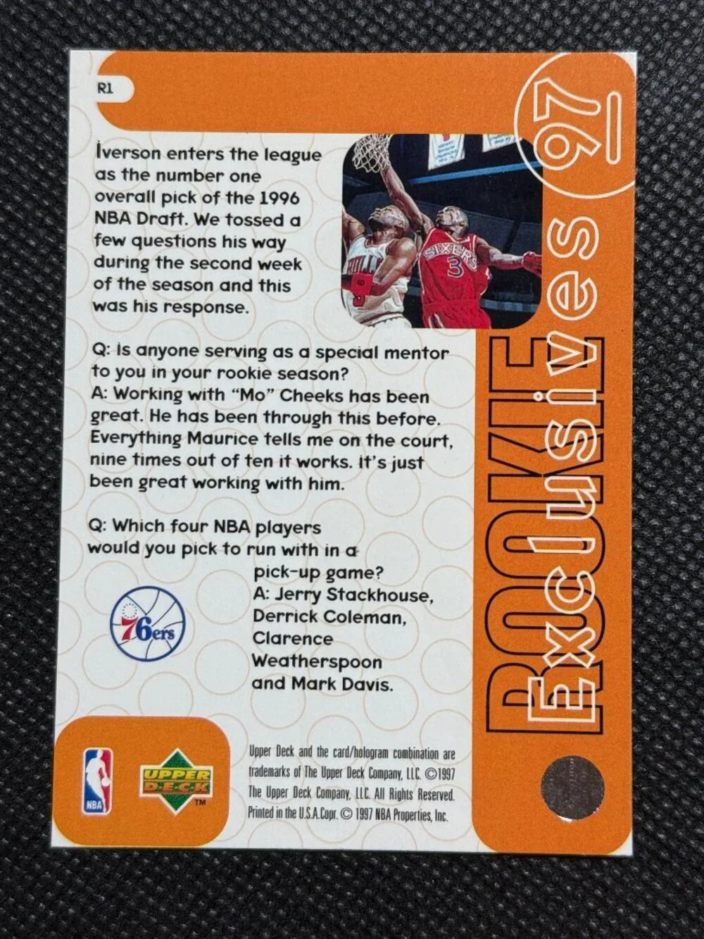 Upper Deck 1996-97 Allen Iverson Rookie Exclusives Insert #R1 Philadelphia 76ers